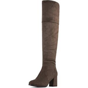 Women's Khaki Faux Suede Thigh High Block Heel Over The Knee Long Pointed Boot